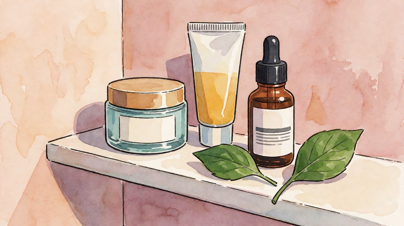 Ilustrasi kulit kusam dan berminyak dengan rutinitas oil-free dan sunscreen