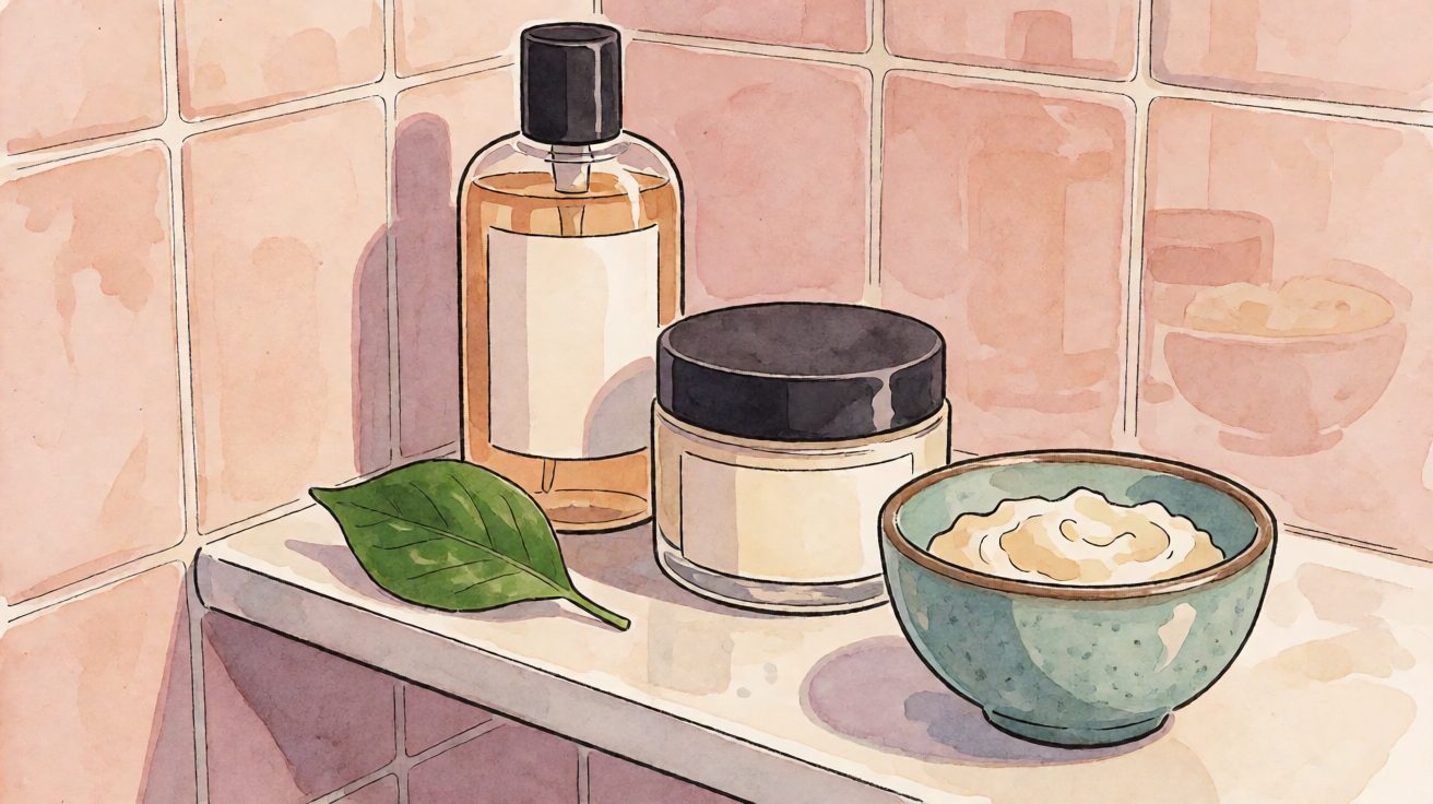 Ilustrasi rutinitas skincare malam dengan cleanser, moisturizer, cleansing balm, dan daun