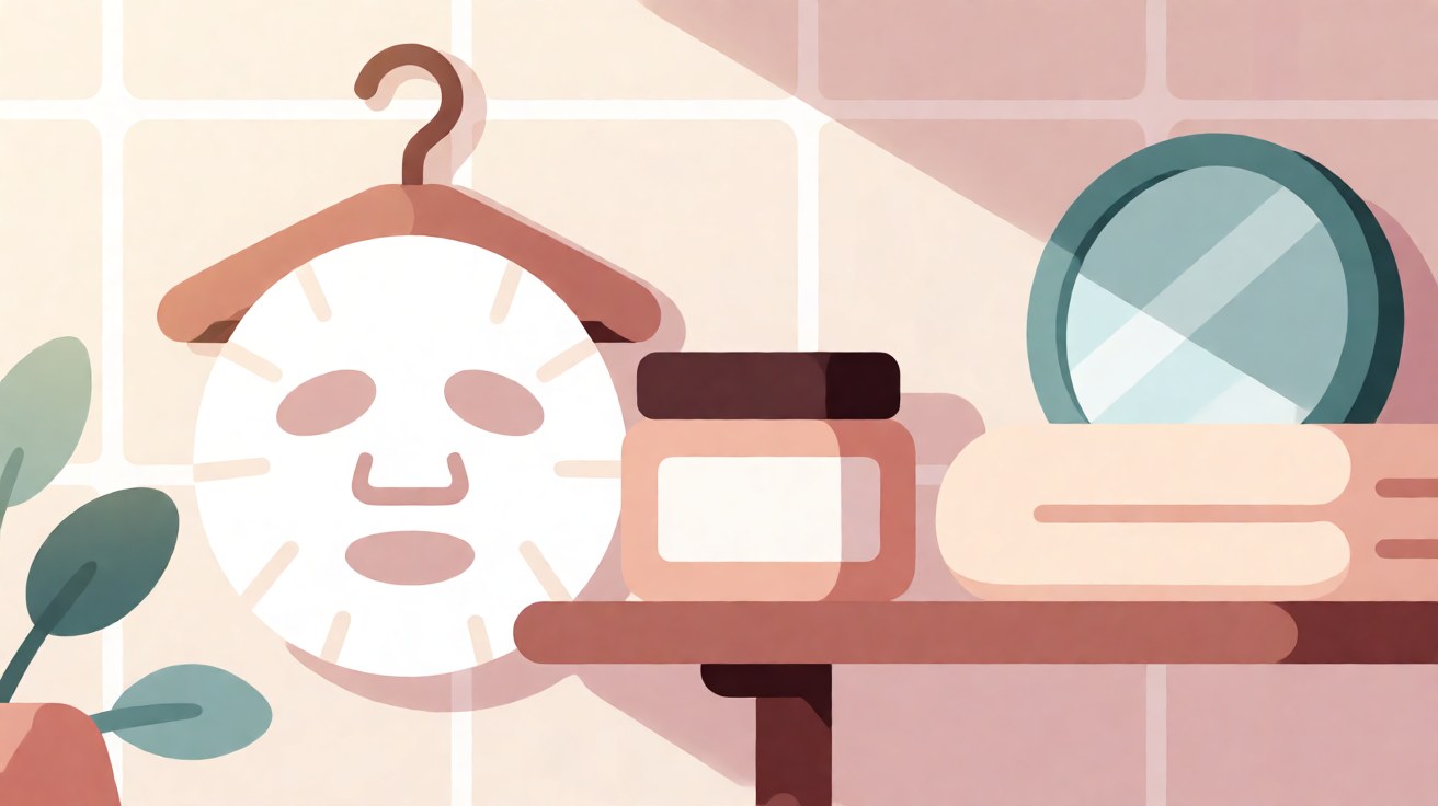 Topeng masker dan produk skincare di kamar mandi