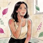 Wanita muda menyentuh kulit wajahnya dengan senyum tenang, ilustrasi komik manga dengan sentuhan air, latar kamar mandi cream tile