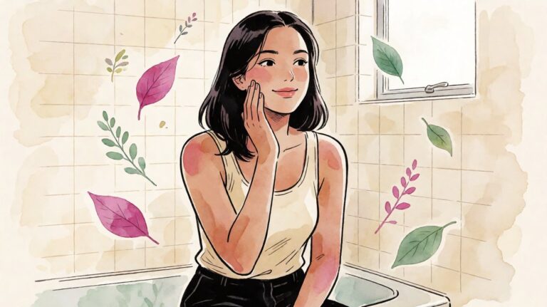 Wanita muda menyentuh kulit wajahnya dengan senyum tenang, ilustrasi komik manga dengan sentuhan air, latar kamar mandi cream tile