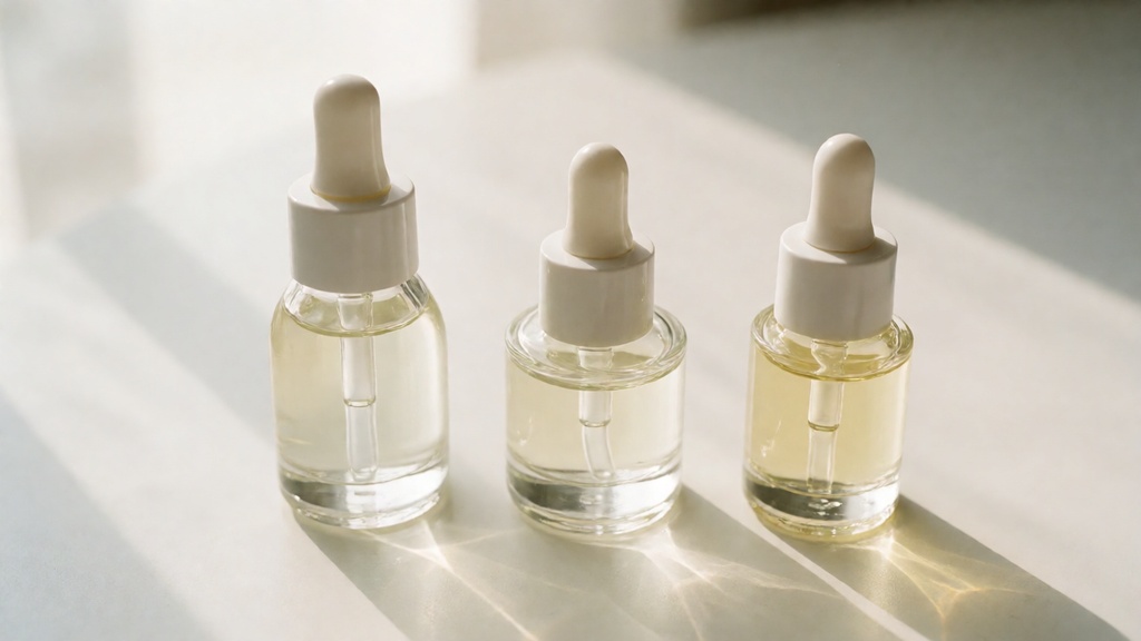 Ilustrasi perbandingan tekstur serum niacinamide, vitamin C, dan hyaluronic acid dalam ruang skincare minimal