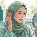 Ilustrasi wanita berhijab sedang mengecek ketombe di cermin