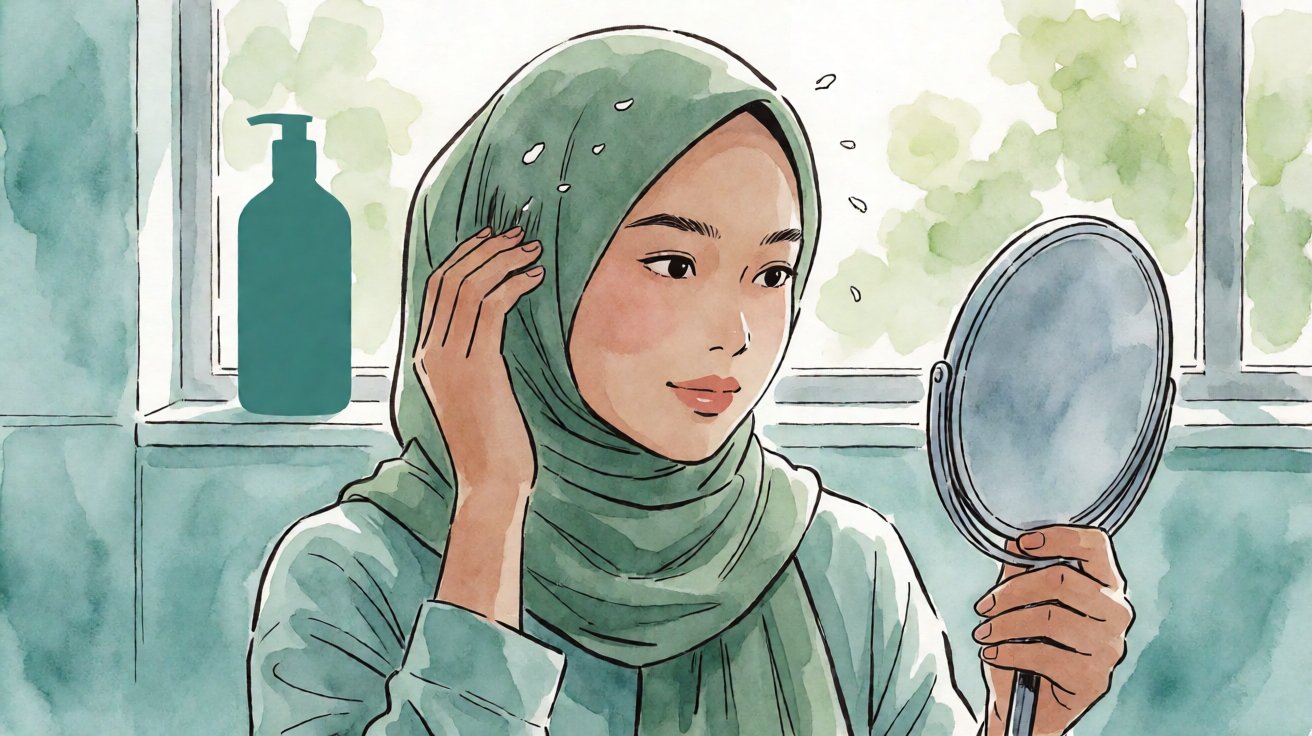 Ilustrasi wanita berhijab sedang mengecek ketombe di cermin